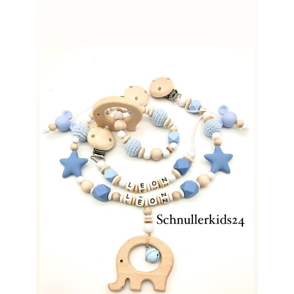 3teiliges Sparset - Schnullerkette + Greifling + Kinderwagenkette - Aprikose + Holz Elefant