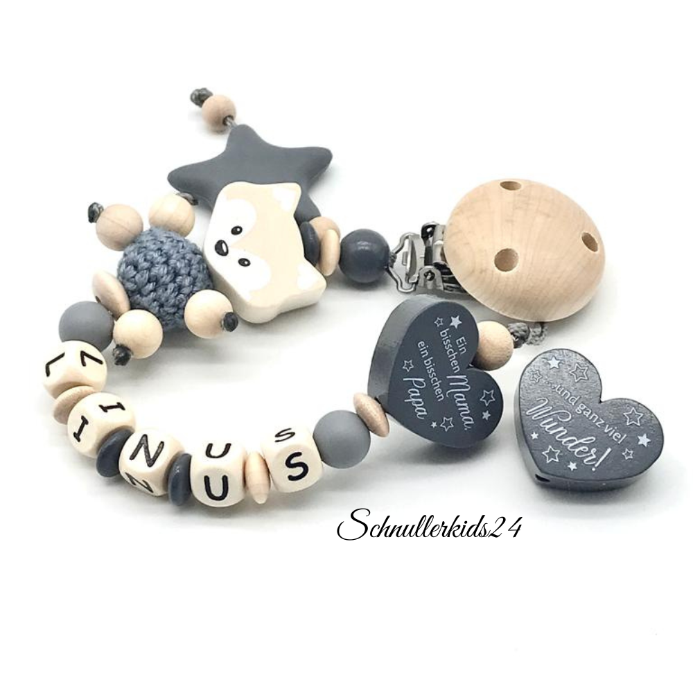 Schnullerkette mit Namen Junge Fuchs Silikon Stern - Ein bisschen Mama / Papa geprägte Holzbuchstaben
