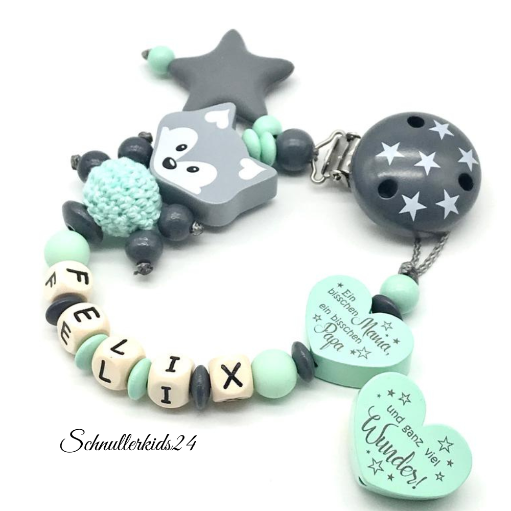 Schnullerkette mit Namen Junge Fuchs Silikon Stern - Ein bisschen Mama / Papa geprägte Holzbuchstaben