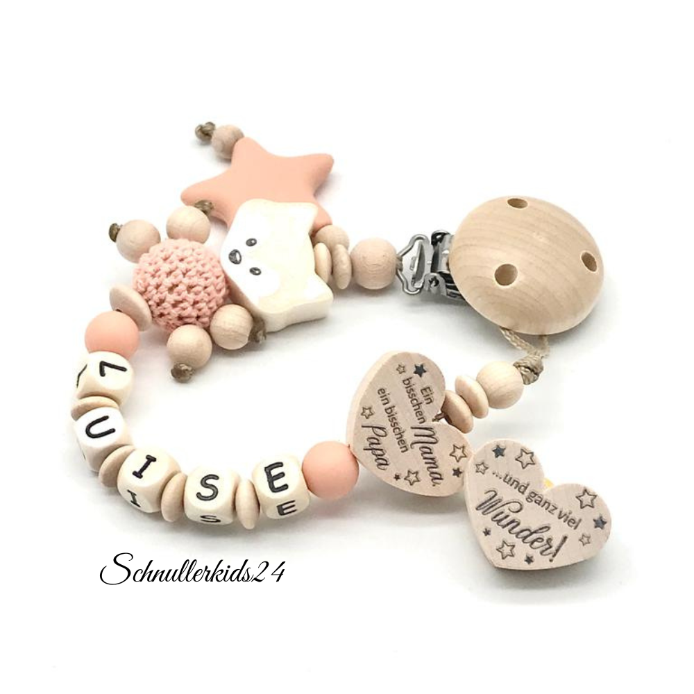 Schnullerkette mit Namen Junge Fuchs Silikon Stern - Ein bisschen Mama / Papa geprägte Holzbuchstaben