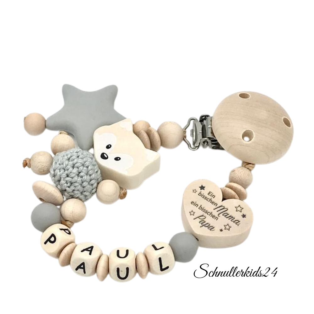 Schnullerkette mit Namen Junge Fuchs Silikon Stern - Ein bisschen Mama / Papa geprägte Holzbuchstaben
